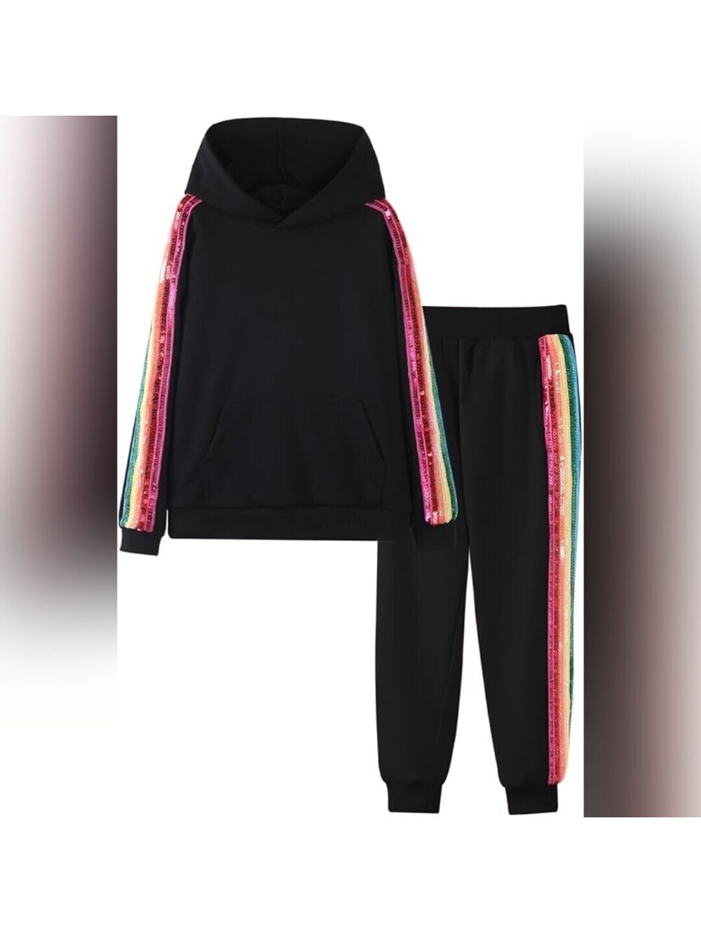 NWT WELAKEN Girls 2 Piece Hoodie & Sweatpants Set, Black / Rainbow, 6-7 Yrs